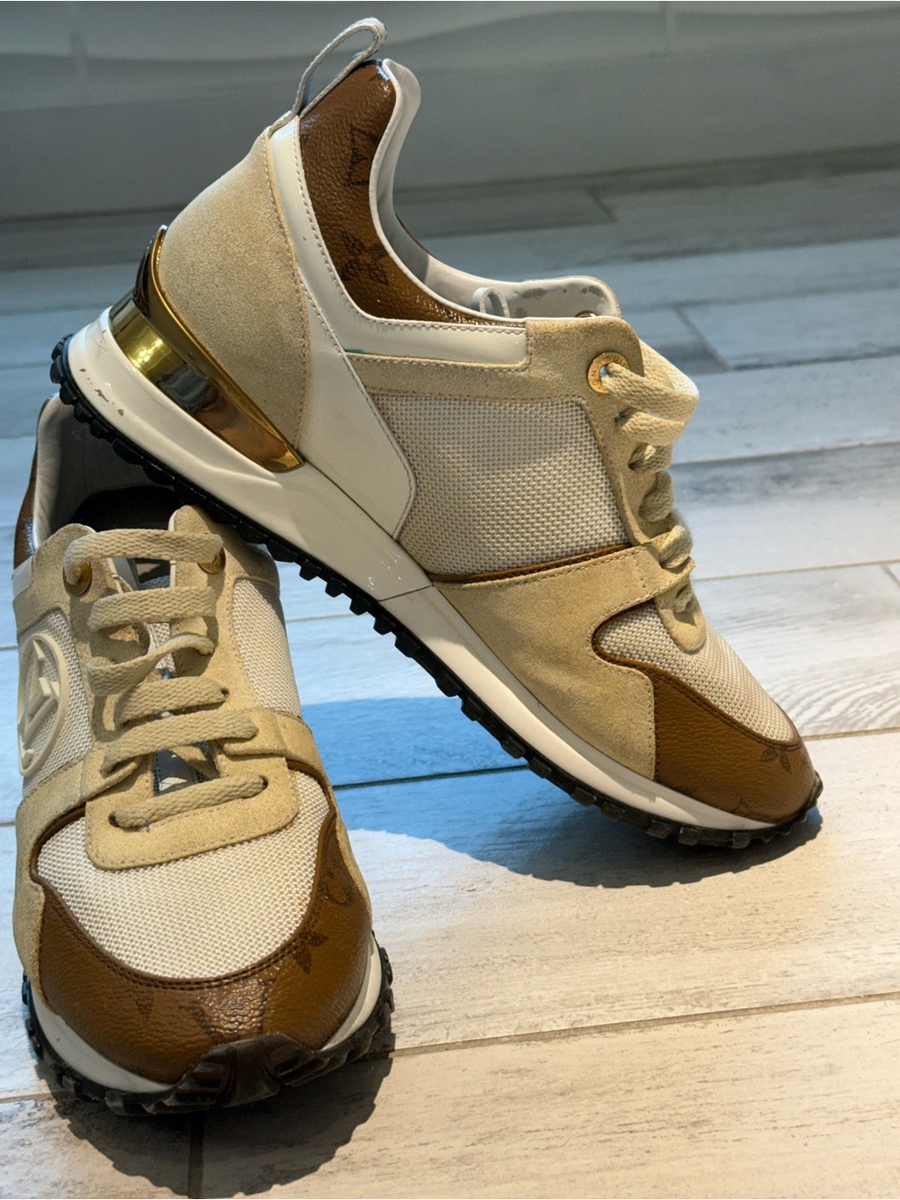Louis Vuitton Beige, Brown and Gold Mesh & Suede Sneakers